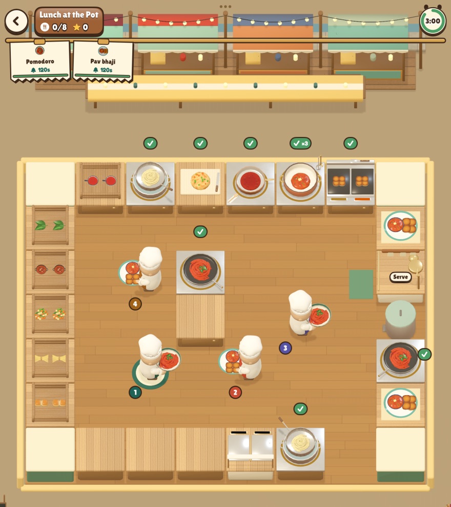 Four chefs carry pasta and pav bhaji across a wooden kitchen floor. Order tickets hang on a rail above the stoves.