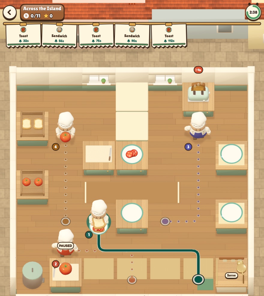 A green line runs from a chef carrying a tomato sandwich to the serving pass. Dotted lines show where three other chefs are heading.